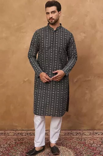 Men black silk blend geometric printed straight kurta with pant set