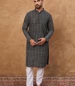 Men black silk blend geometric printed straight kurta with pant set