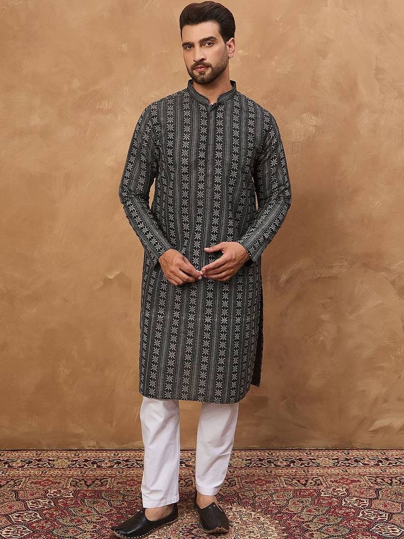 Men black silk blend geometric printed straight kurta with pant set
