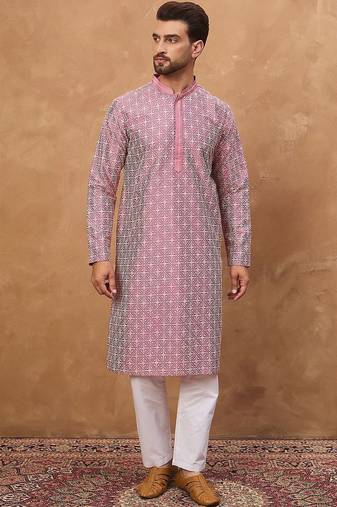 Men pink silk blend ethnic motifs printed straight kurta with pant set