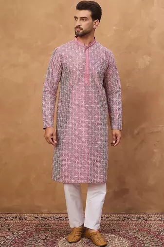 Men pink silk blend ethnic motifs printed straight kurta with pant set