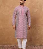 Men pink silk blend ethnic motifs printed straight kurta with pant set
