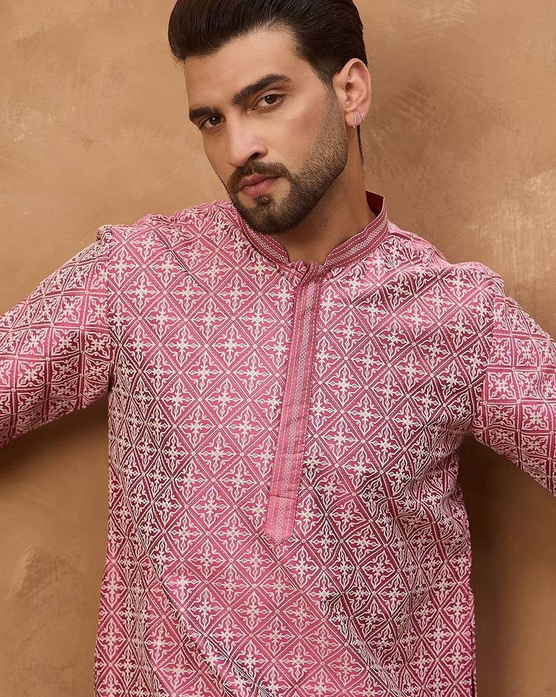 Men pink silk blend ethnic motifs printed straight kurta with pant set