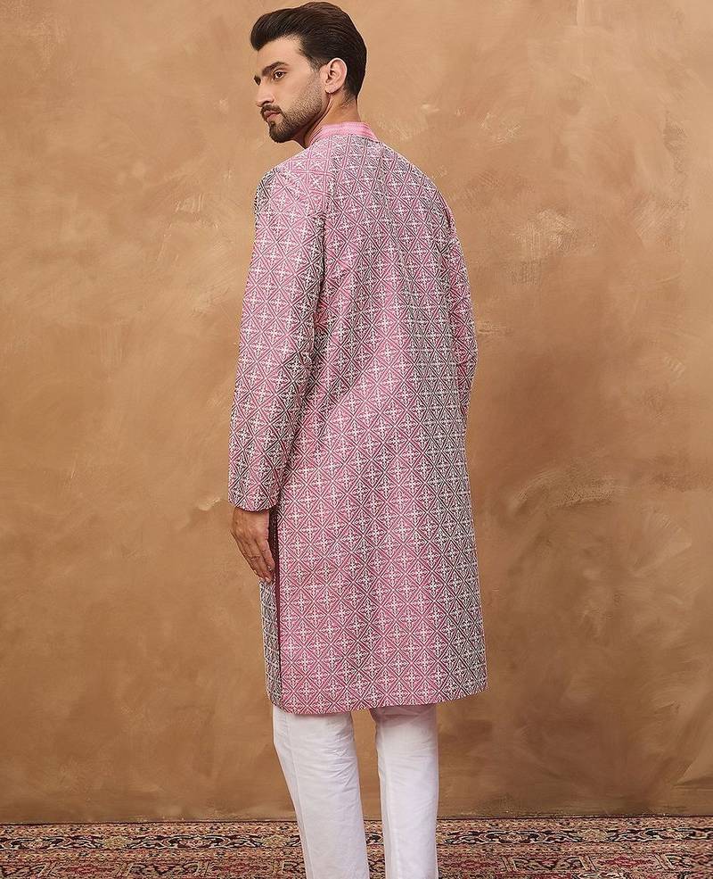 Men pink silk blend ethnic motifs printed straight kurta with pant set