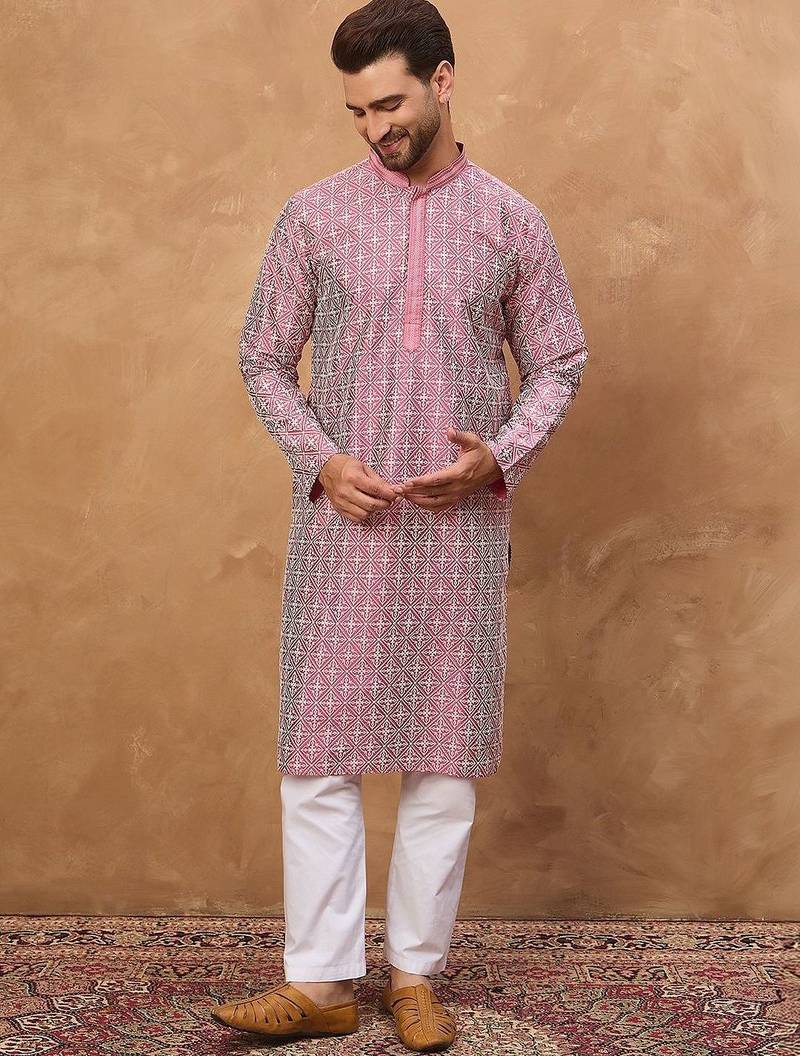 Men pink silk blend ethnic motifs printed straight kurta with pant set