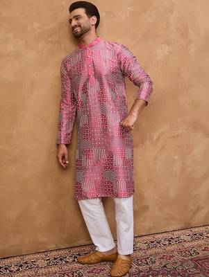 Men pink silk blend geometric printed straight kurta with pant set 1