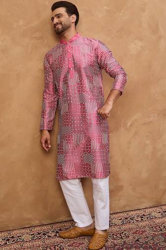 Men pink silk blend geometric printed straight kurta with pant set
