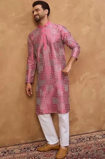 Men pink silk blend geometric printed straight kurta with pant set