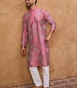 Men pink silk blend geometric printed straight kurta with pant set