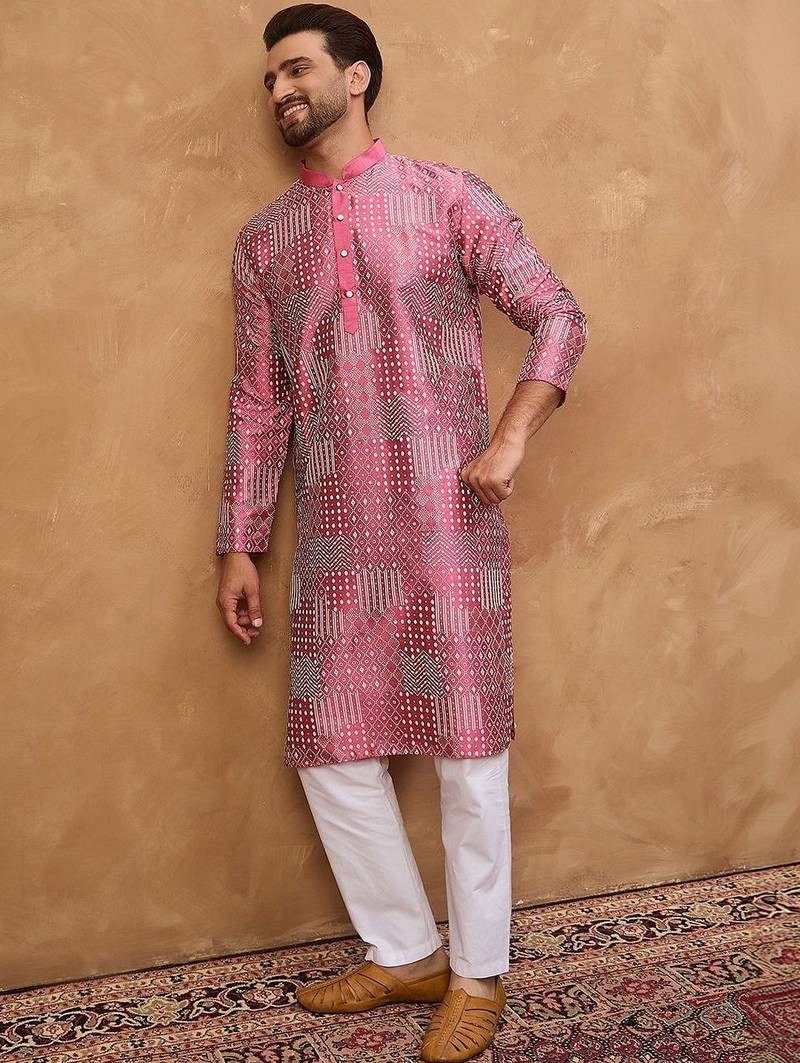 Men pink silk blend geometric printed straight kurta with pant set