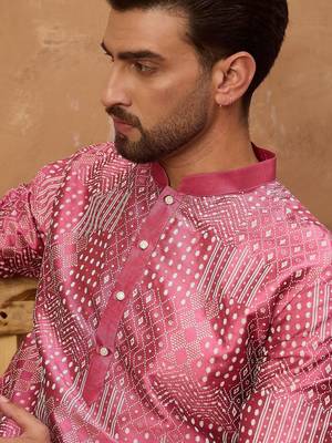 Men pink silk blend geometric printed straight kurta with pant set 2