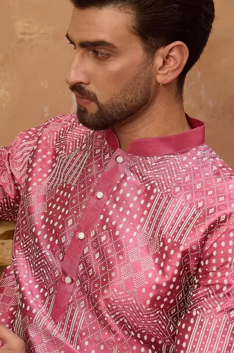 Men pink silk blend geometric printed straight kurta with pant set