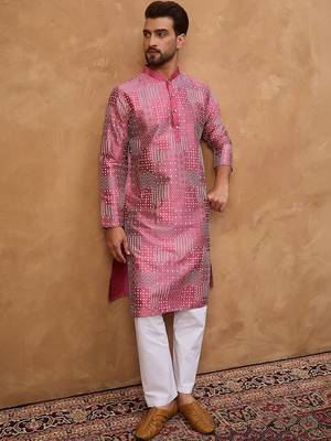 Men pink silk blend geometric printed straight kurta with pant set 3