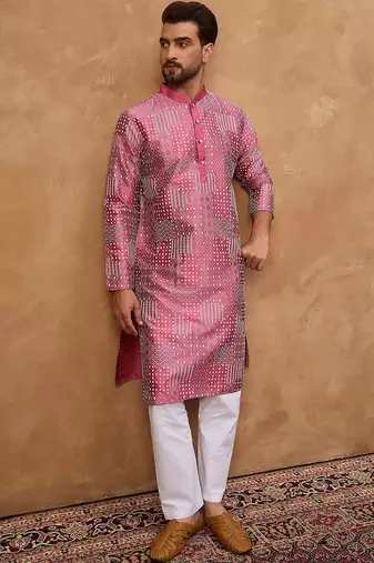 Men pink silk blend geometric printed straight kurta with pant set
