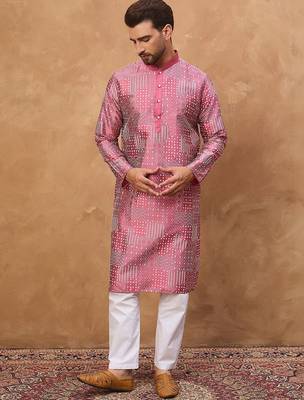 Men pink silk blend geometric printed straight kurta with pant set 4
