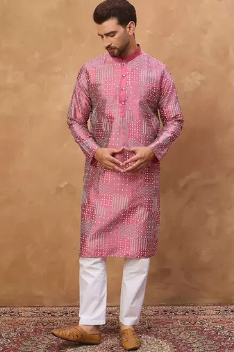 Men pink silk blend geometric printed straight kurta with pant set