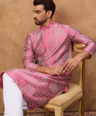 Men pink silk blend geometric printed straight kurta with pant set 5