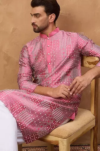Men pink silk blend geometric printed straight kurta with pant set