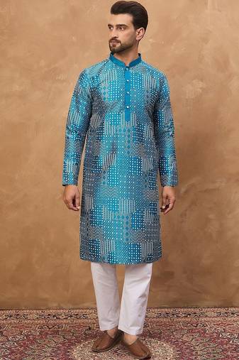 Men blue silk blend geometric printed straight kurta with pant set