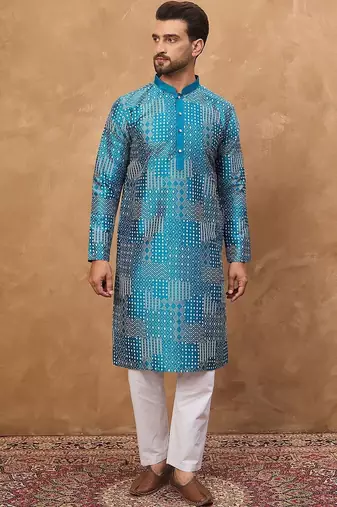 Men blue silk blend geometric printed straight kurta with pant set