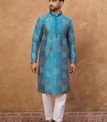 Men blue silk blend geometric printed straight kurta with pant set