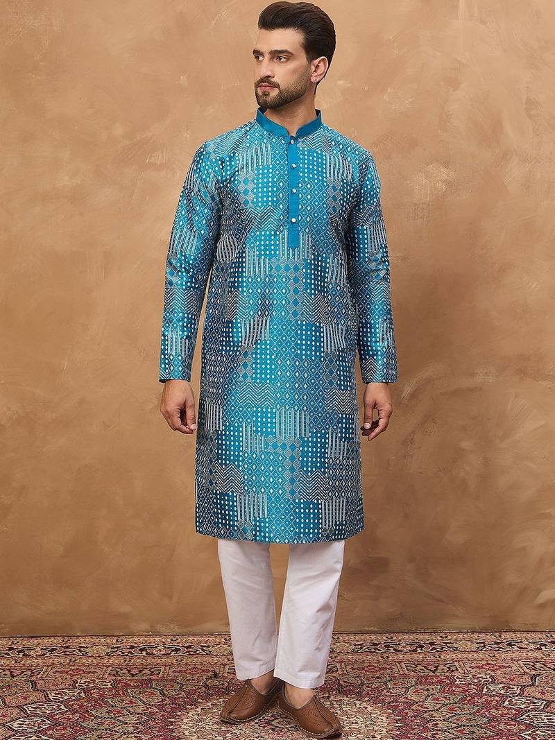 Men blue silk blend geometric printed straight kurta with pant set