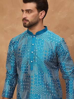 Men blue silk blend geometric printed straight kurta with pant set 2