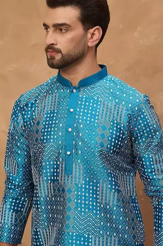 Men blue silk blend geometric printed straight kurta with pant set