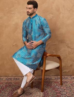 Men blue silk blend geometric printed straight kurta with pant set 3