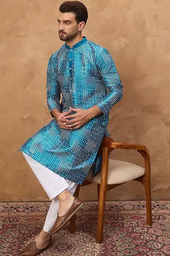 Men blue silk blend geometric printed straight kurta with pant set