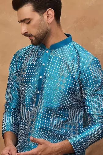 Men blue silk blend geometric printed straight kurta with pant set