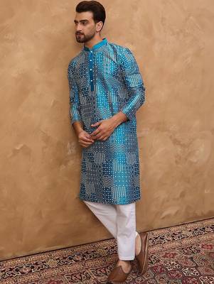 Men blue silk blend geometric printed straight kurta with pant set 5