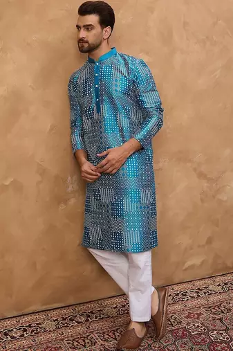Men blue silk blend geometric printed straight kurta with pant set