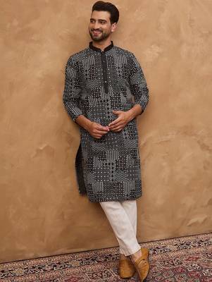 Men black silk blend geometric printed straight kurta with pant set 1