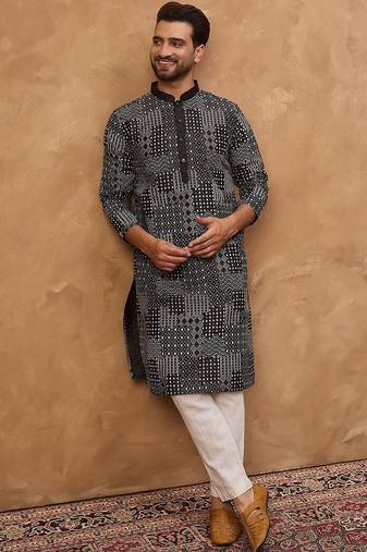 Men black silk blend geometric printed straight kurta with pant set