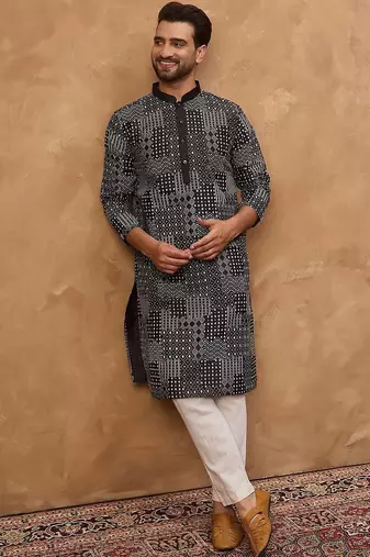 Men black silk blend geometric printed straight kurta with pant set