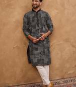 Men black silk blend geometric printed straight kurta with pant set