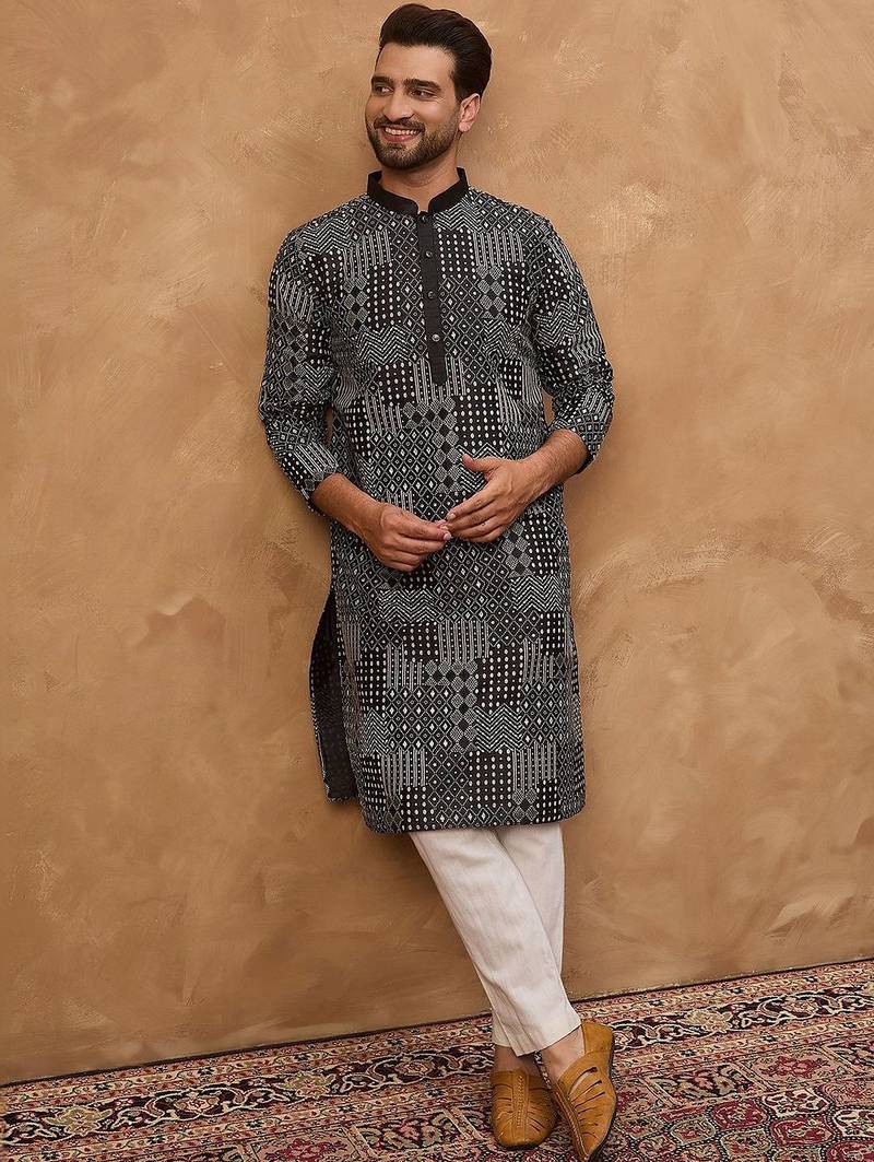 Men black silk blend geometric printed straight kurta with pant set