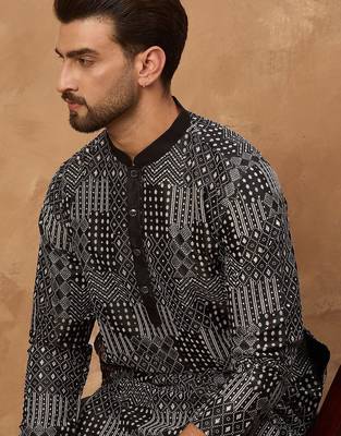 Men black silk blend geometric printed straight kurta with pant set 2