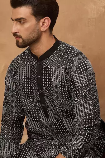 Men black silk blend geometric printed straight kurta with pant set