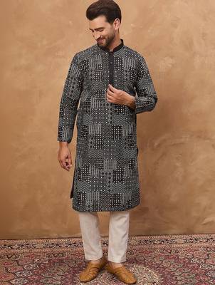 Men black silk blend geometric printed straight kurta with pant set 3