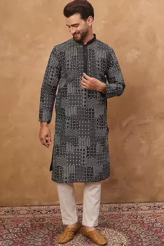 Men black silk blend geometric printed straight kurta with pant set