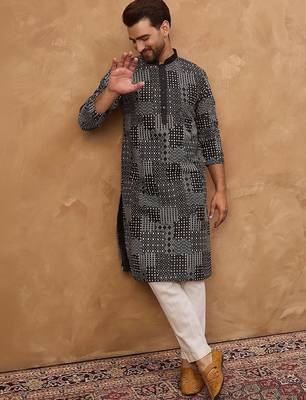 Men black silk blend geometric printed straight kurta with pant set 4