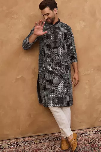 Men black silk blend geometric printed straight kurta with pant set
