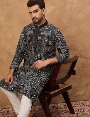 Men black silk blend geometric printed straight kurta with pant set 5