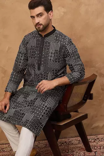 Men black silk blend geometric printed straight kurta with pant set