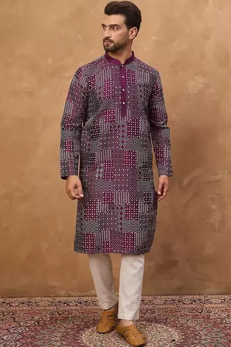 Men purple silk blend geometric printed straight kurta with pant set