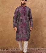Men purple silk blend geometric printed straight kurta with pant set