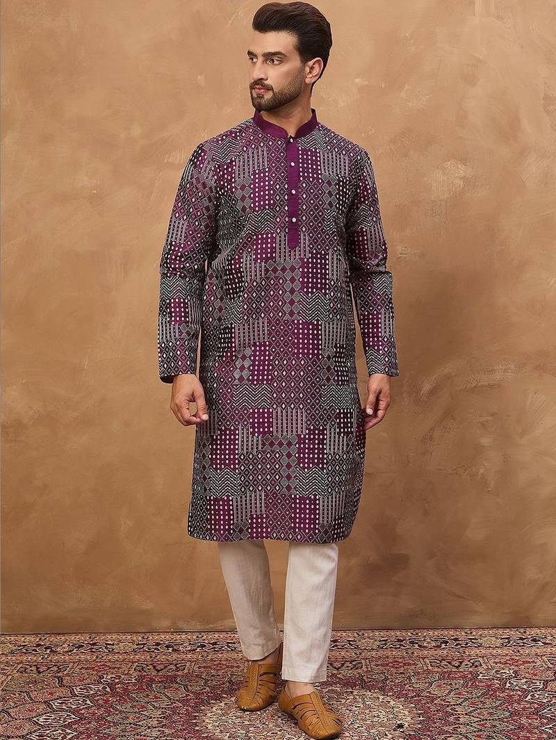 Men purple silk blend geometric printed straight kurta with pant set