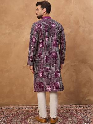 Men purple silk blend geometric printed straight kurta with pant set 2